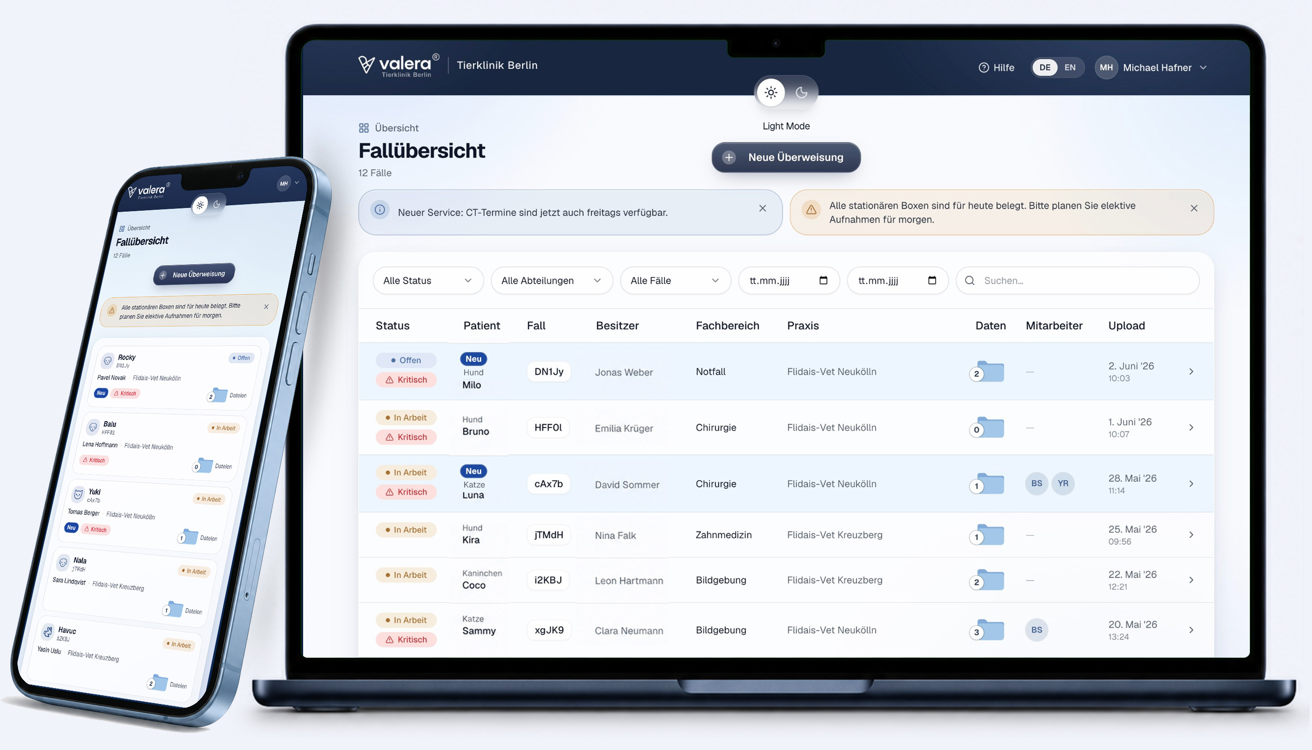 Vorschau des Valera Transfer Portals: Fallübersicht und digitale Tierakte