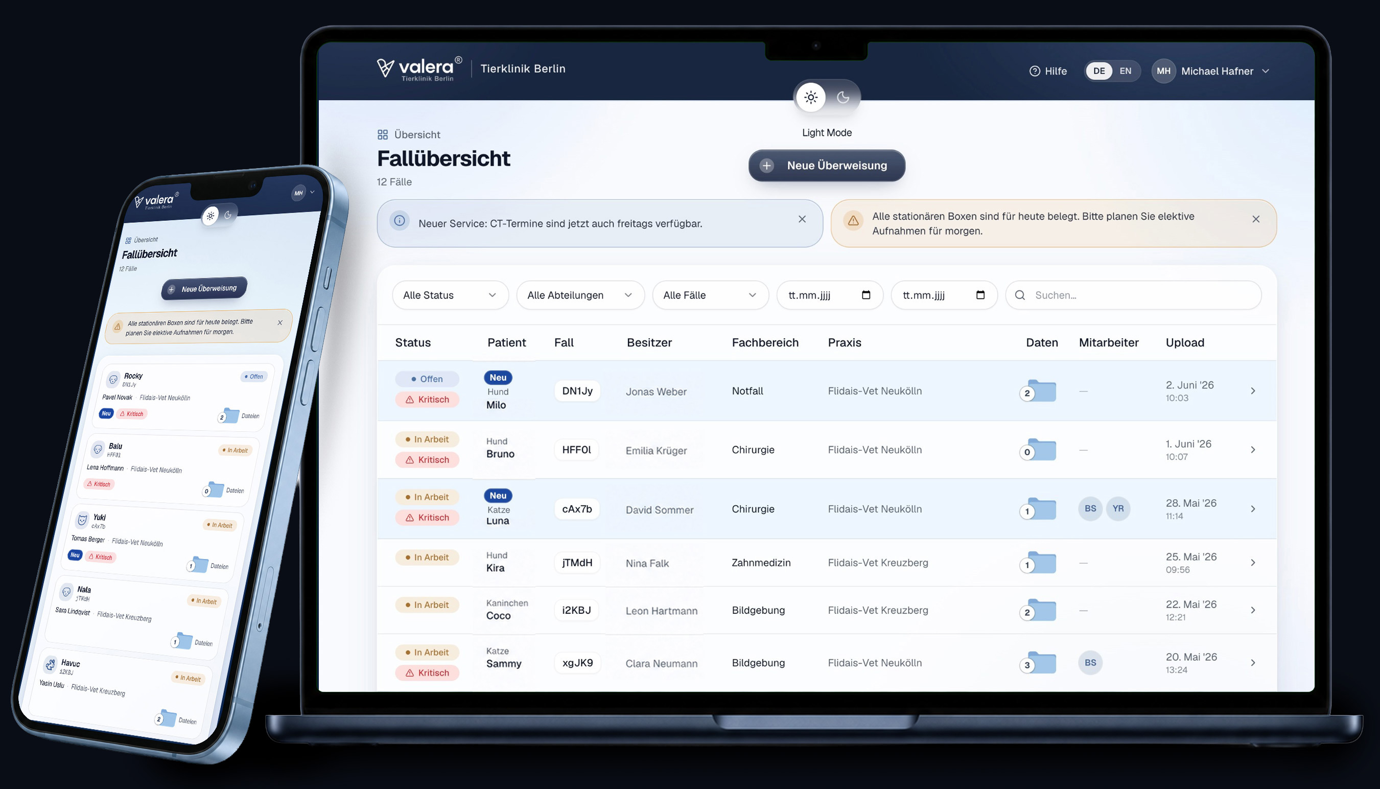 Vorschau des Valera Transfer Portals: Fallübersicht und digitale Tierakte